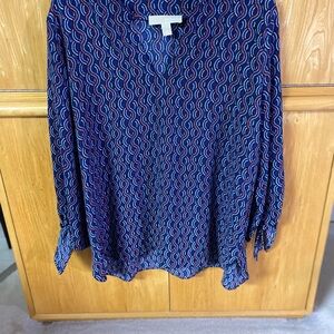 Michael Kors Blue and Red Relaxed Blouse with 3/4 tie sleeves